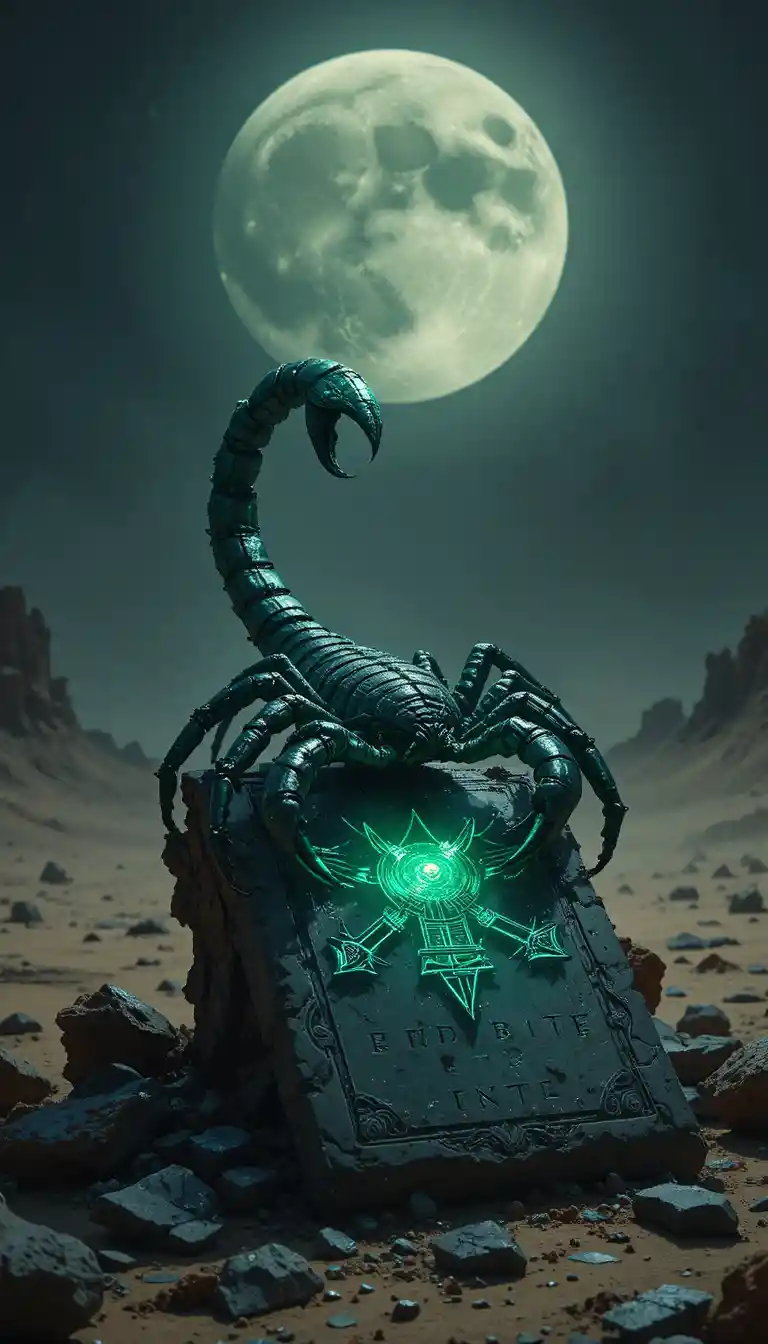 Obsidian scorpion on ancient rune tablet in moonlit desert