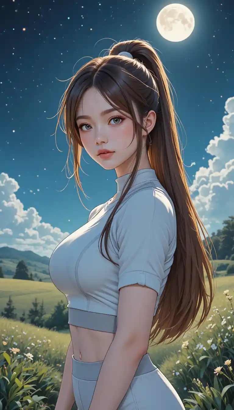 Confident anime girl under a glowing moonlit countryside sky