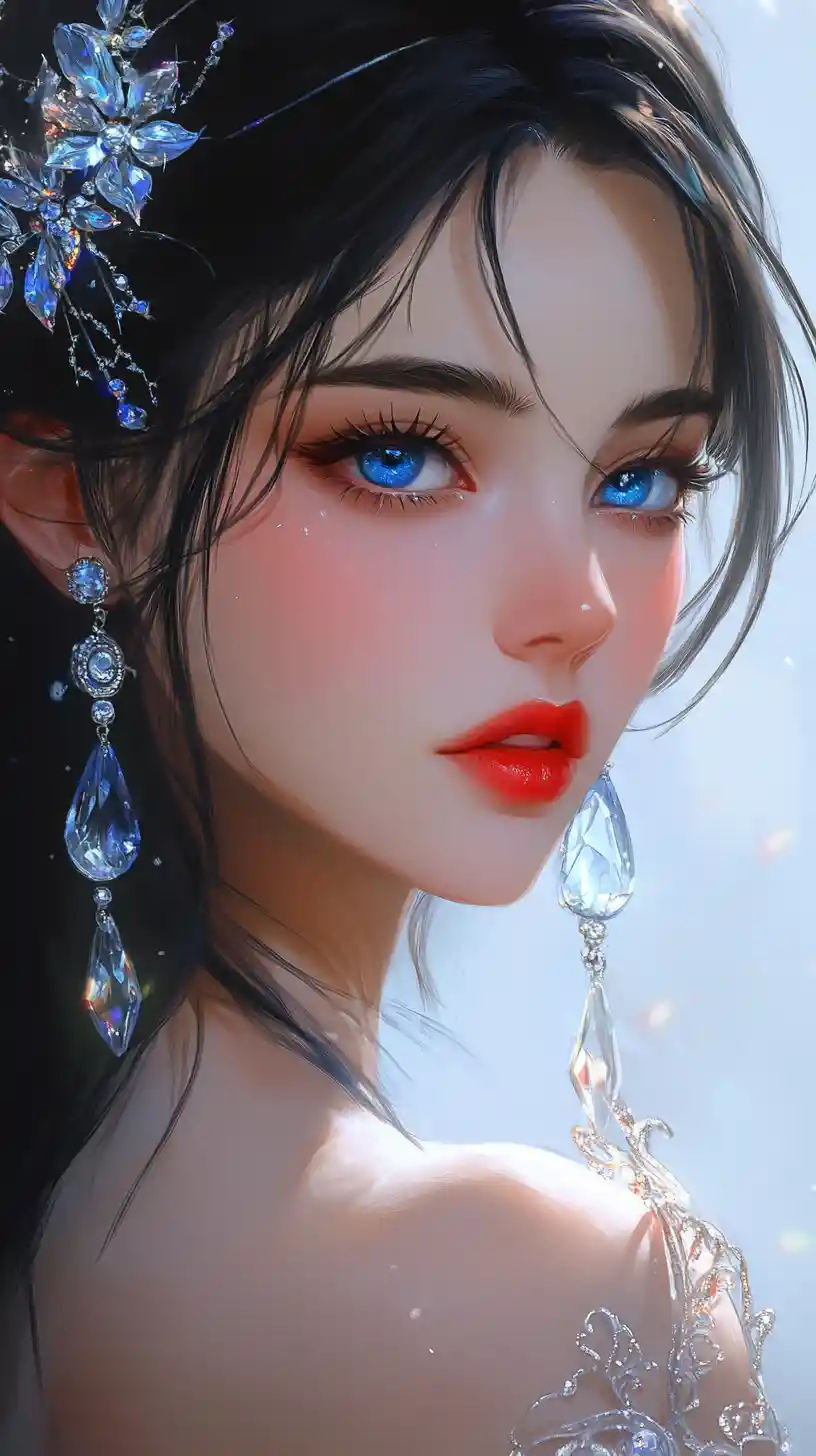 Elegant anime woman with crystal jewelry and soft glow
