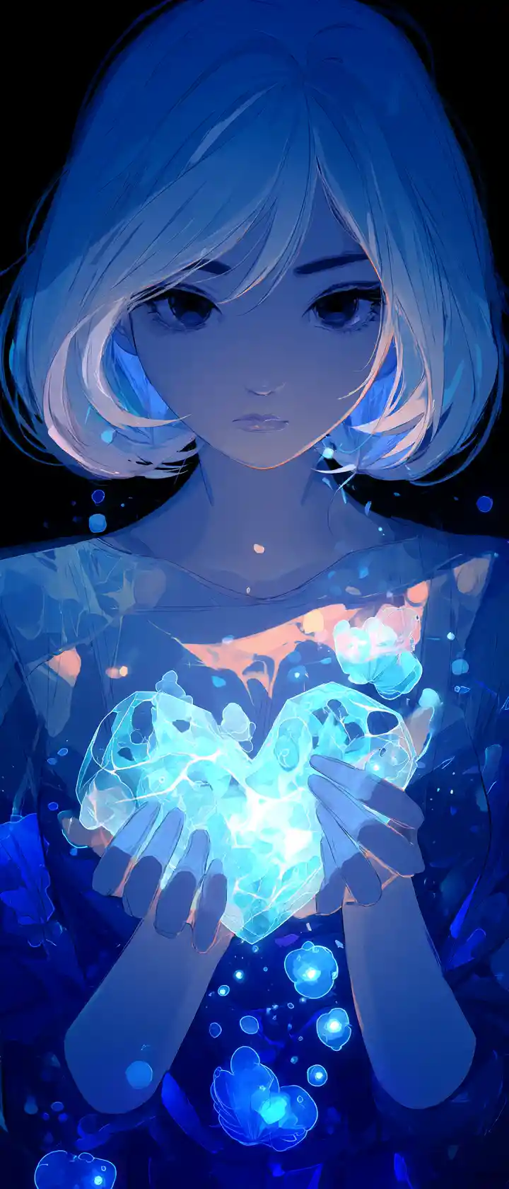 Anime oracle holding a glowing heart of fragile futures