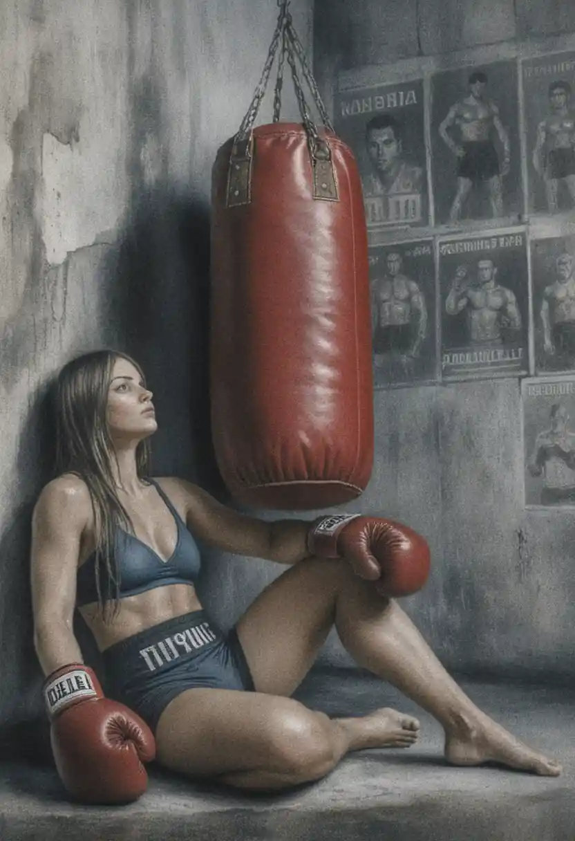 Exhausted female boxer resting on the gym floor