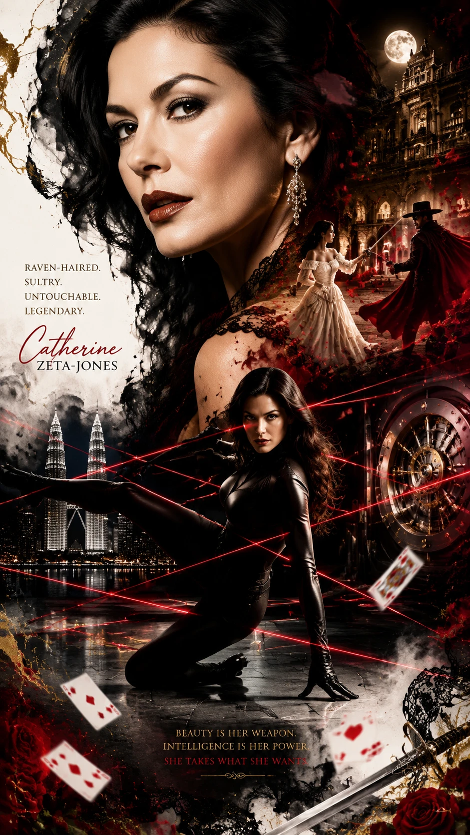 Elegant action heroine in dramatic double exposure poster