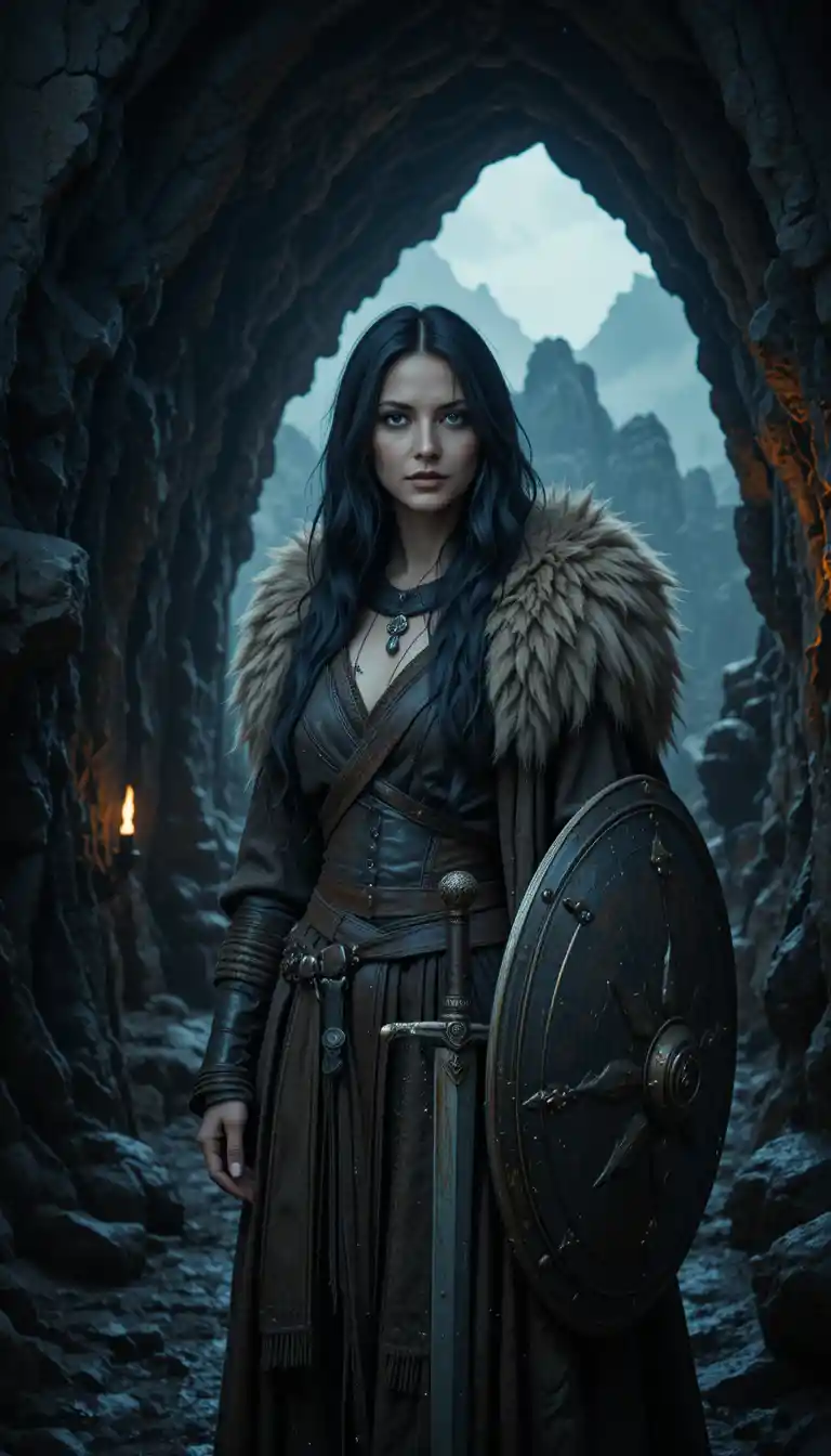 Medieval warrior woman in a torchlit mountain cave