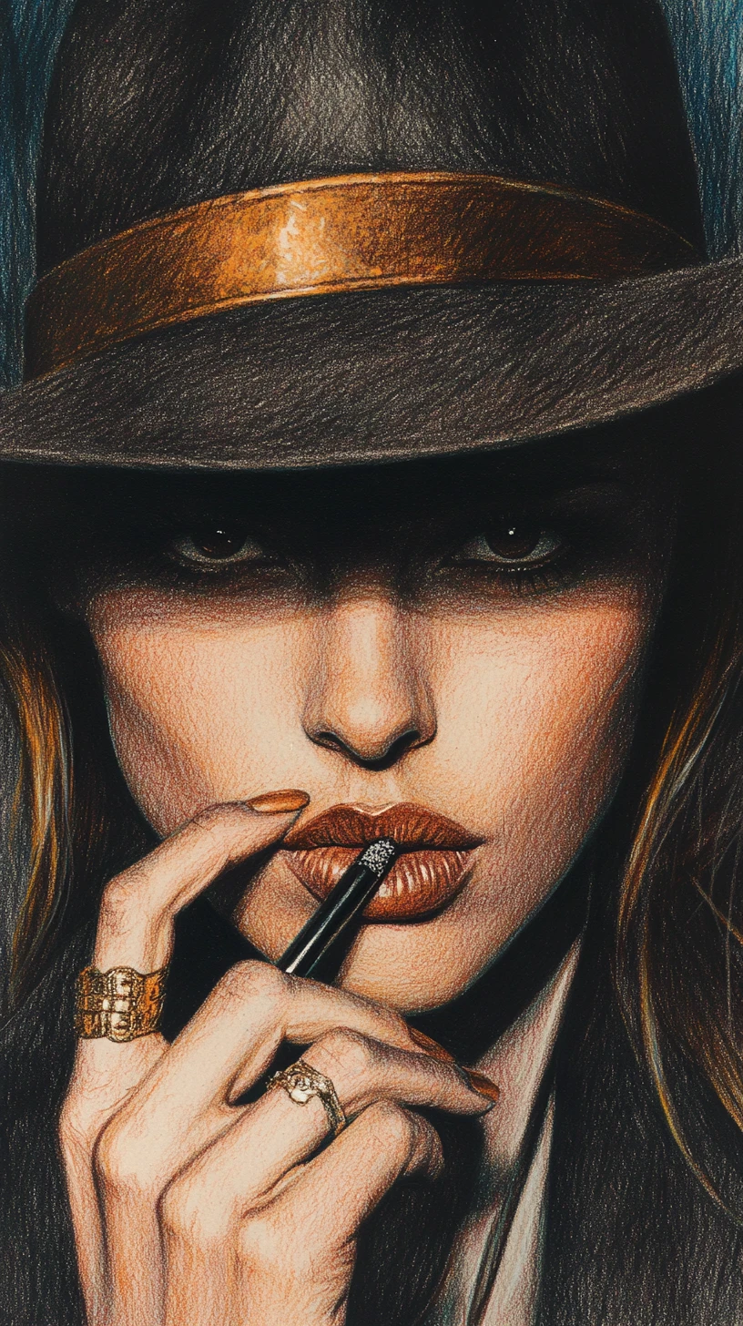 Mysterious woman in fedora with cigarette holder portrait
