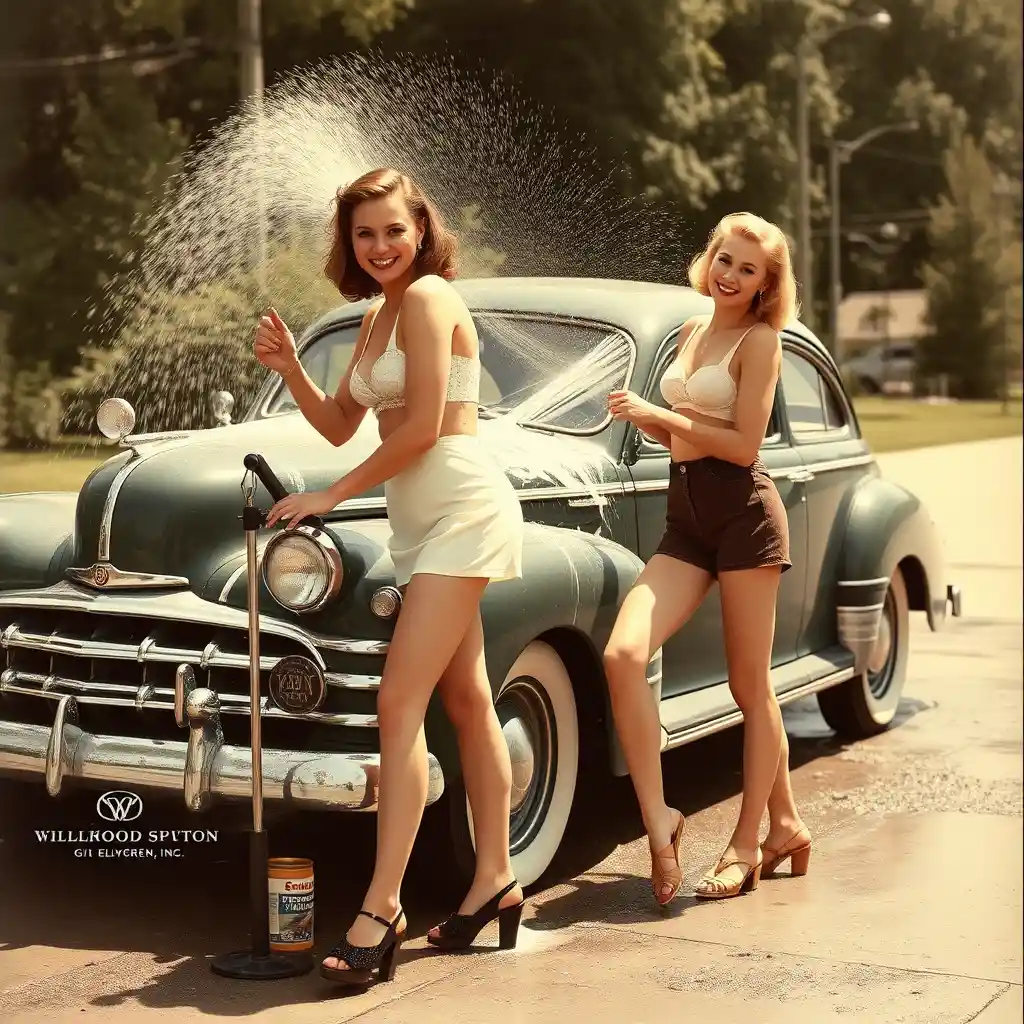 Two 1940s pin up women washing a classic car