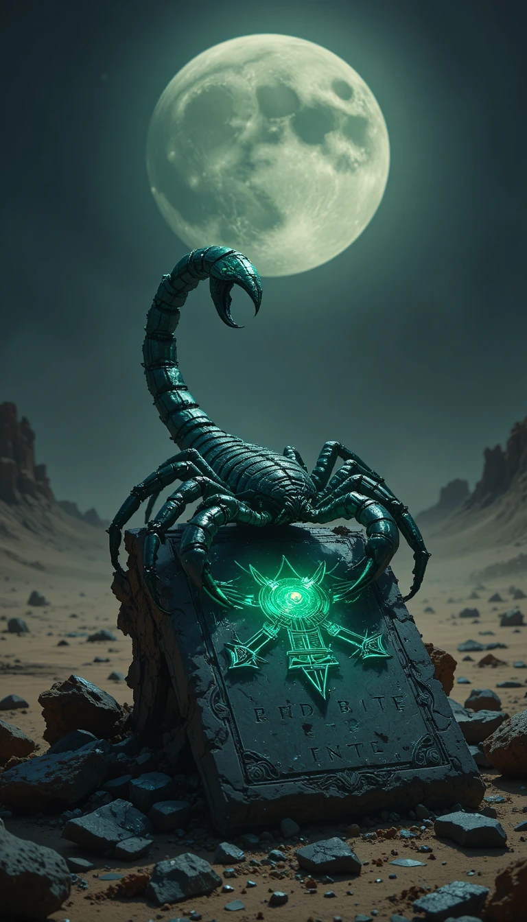 Obsidian scorpion on ancient rune tablet in moonlit desert