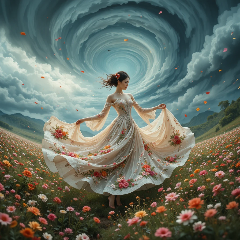 Woman dancing in flowing dress amid stormy flower meadow