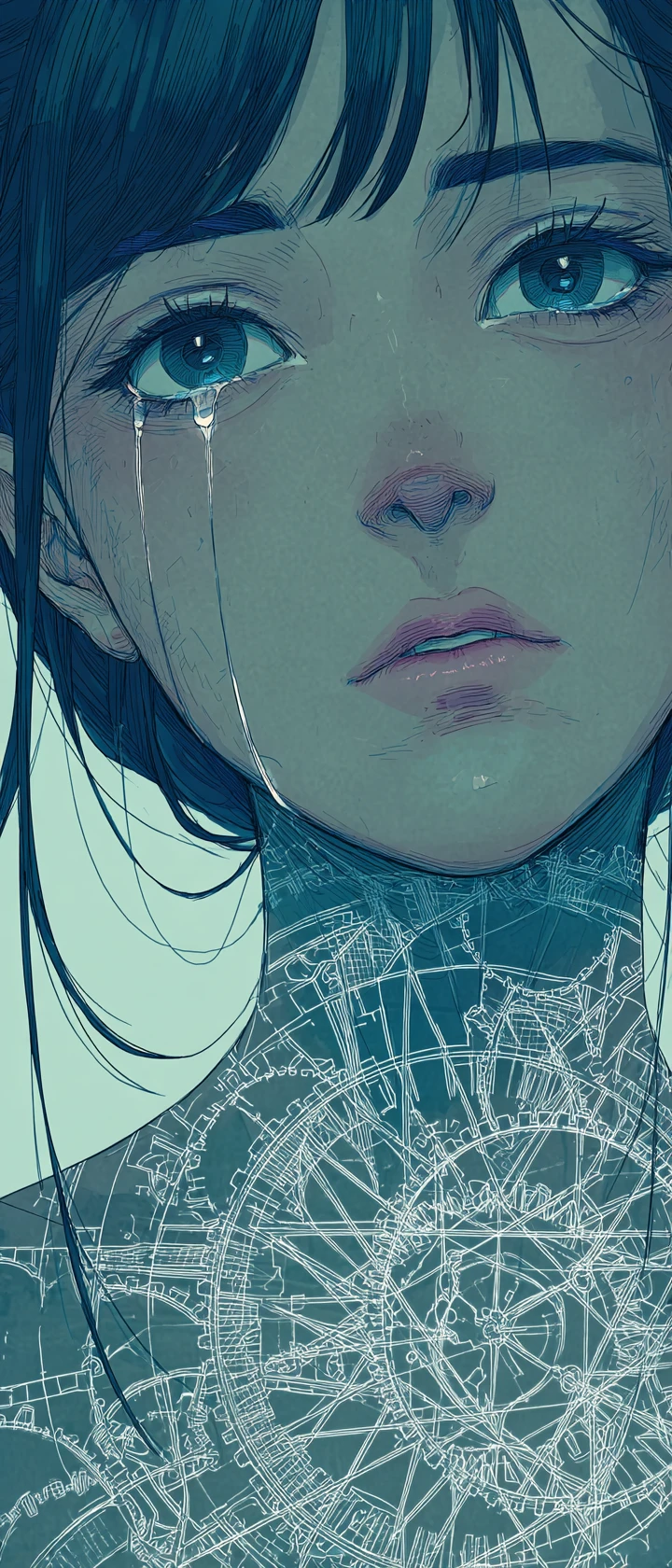 Anime girl portrait with tear and mechanical heart revealed