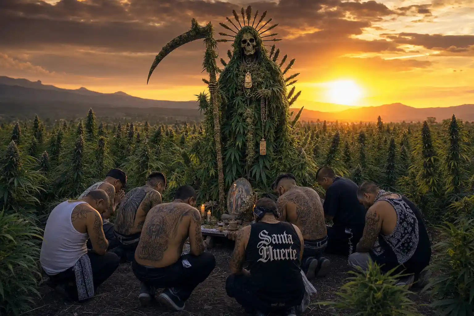 Fantasy figure of santa muerte in a cannabis field