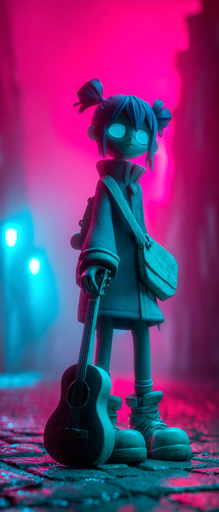 Chica música callejera de arcilla estilo anime en ciudad neón y con niebla