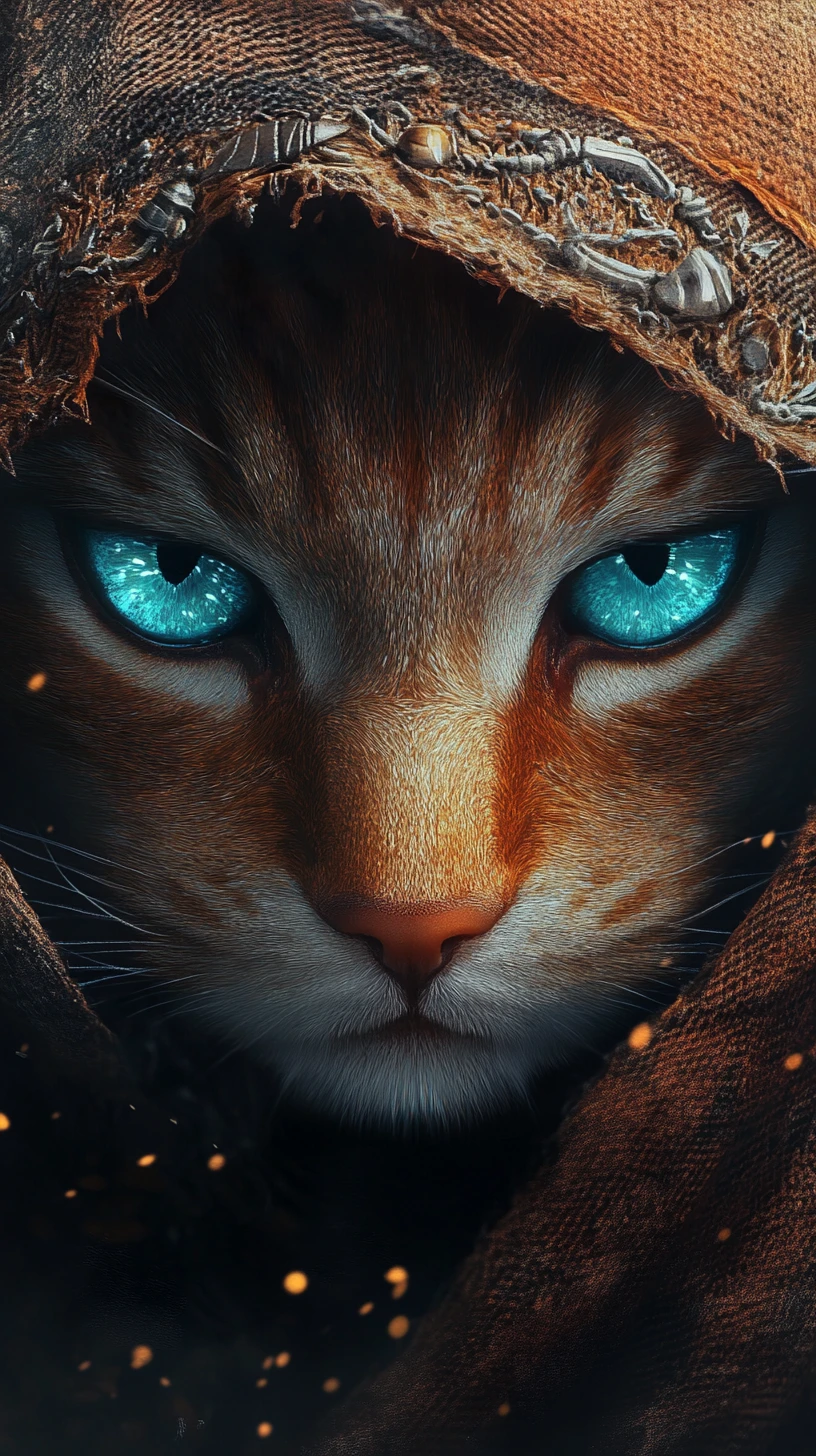 Mystical feline hybrid portrait with glowing aquamarine eyes