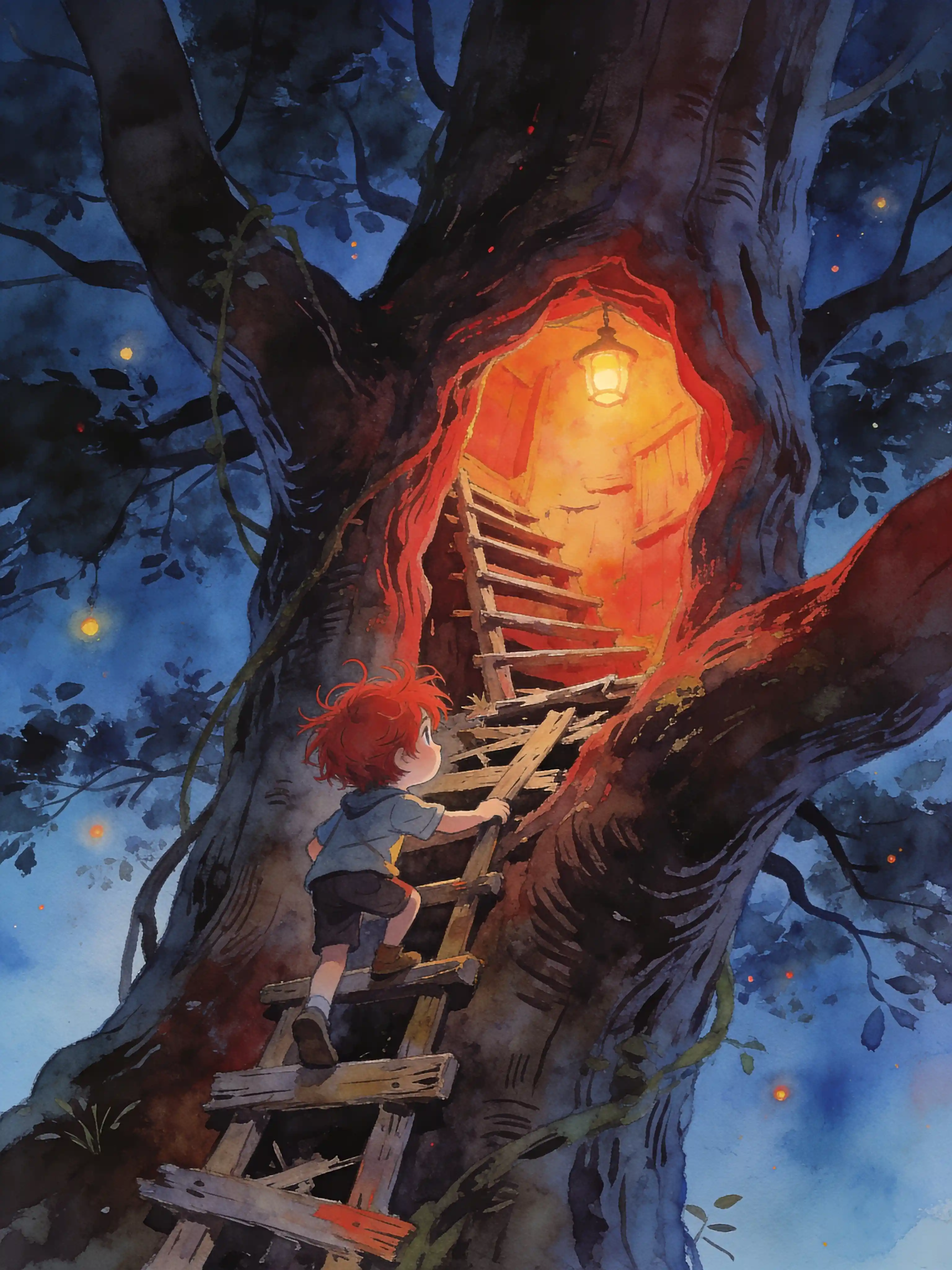 Whimsical man climbing inside a gigantic mystic tree