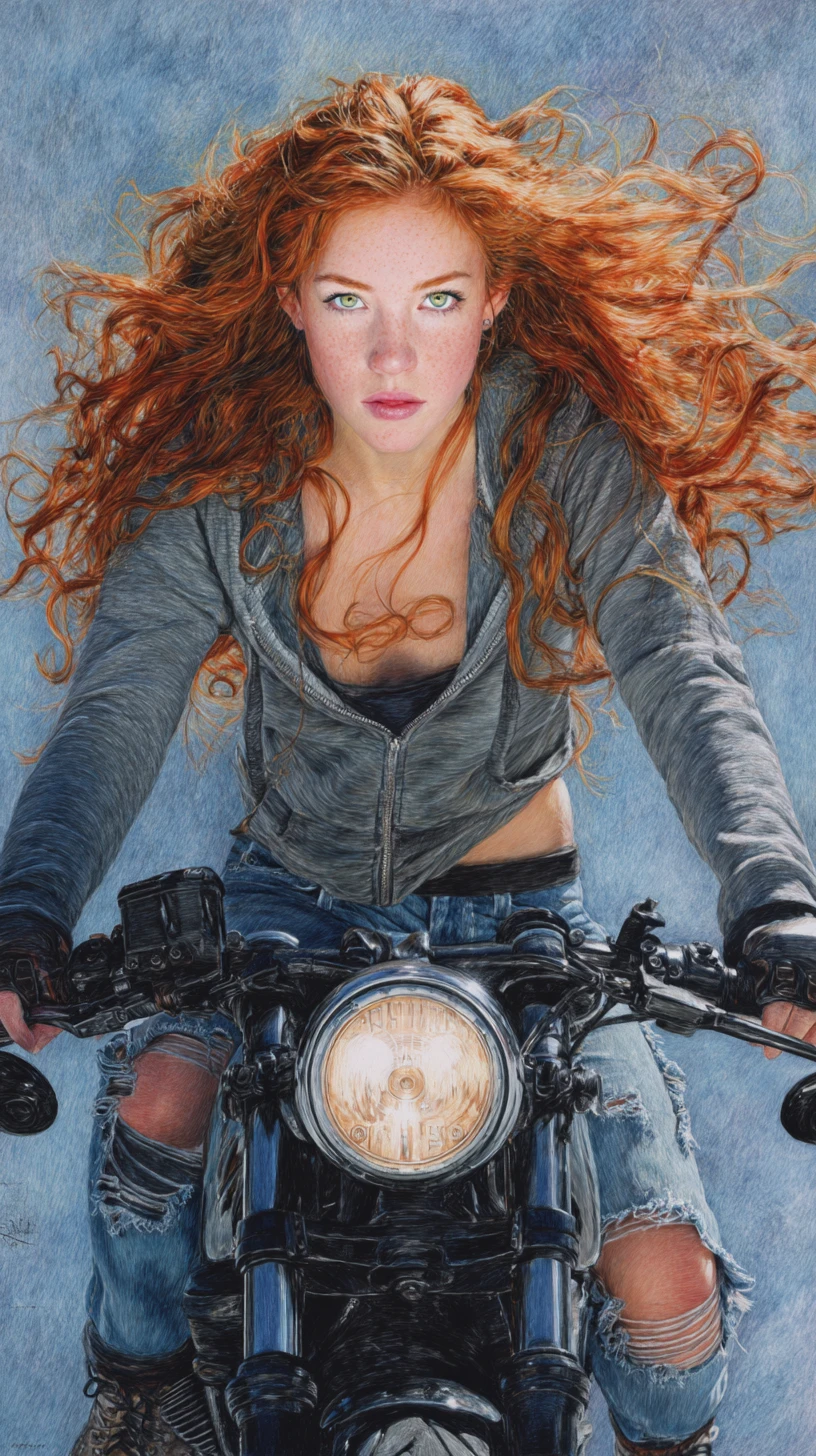 Red haired woman on motorcycle in colored pencil drawing