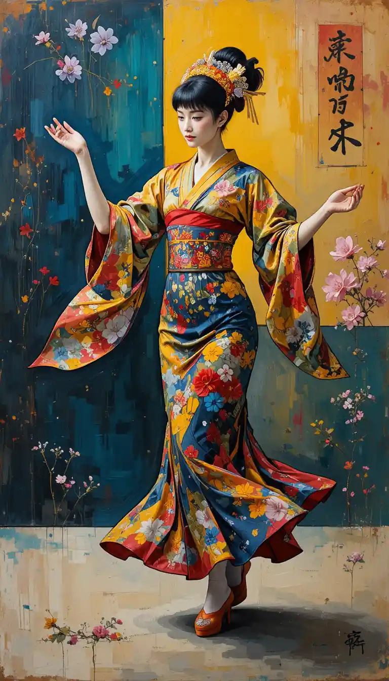 Abstract impasto painting of a Japanese folk dancer