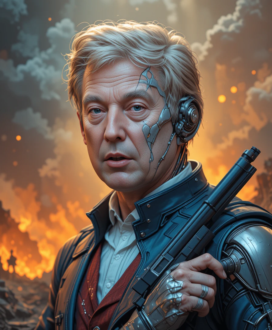 Cyborg man split portrait in apocalyptic fiery landscape