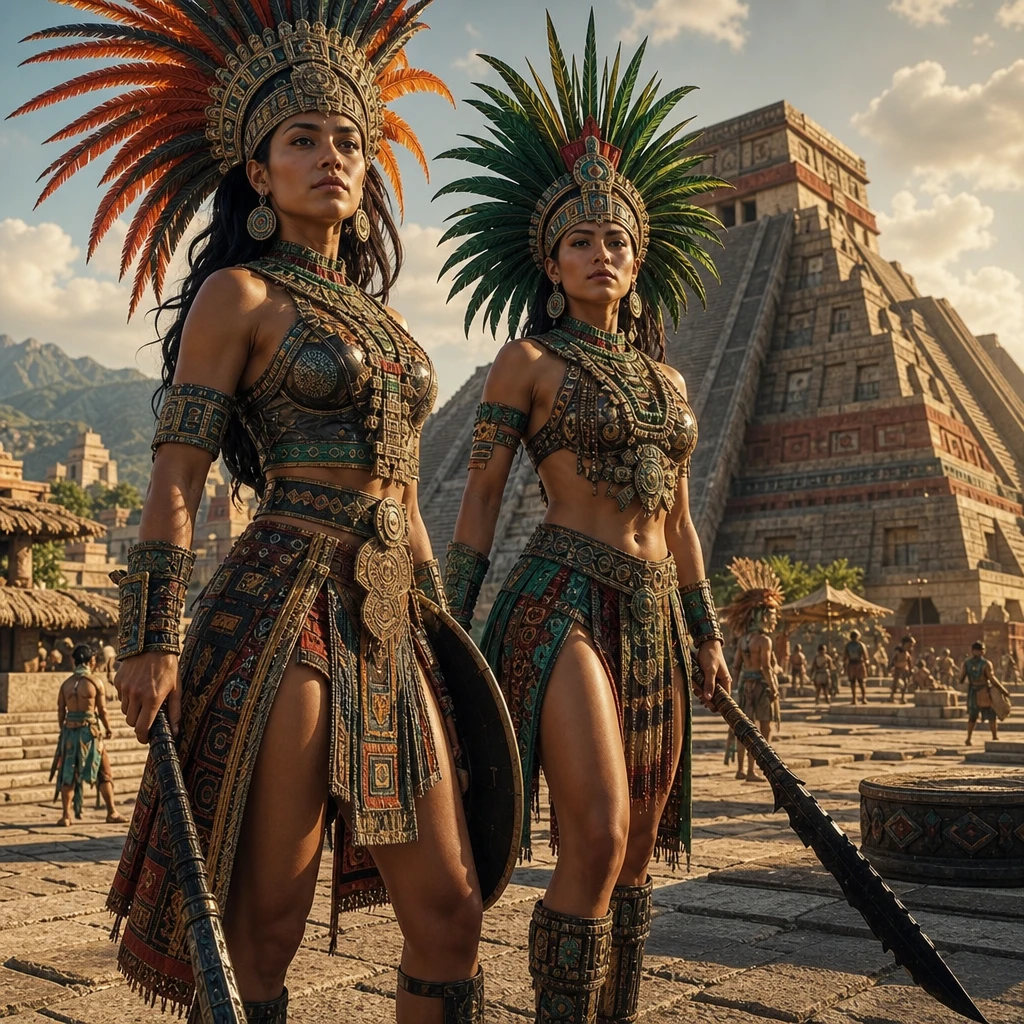 Aztec warrior women standing in an ancient village scene