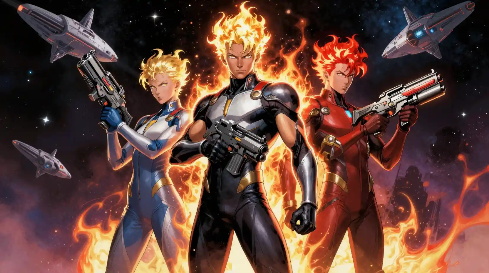 Three armed warrior women in sleek suits in space