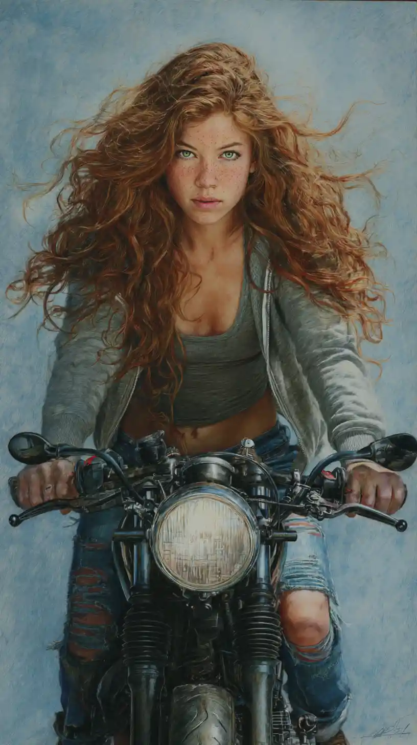 Red haired woman on cafe racer motorcycle portrait