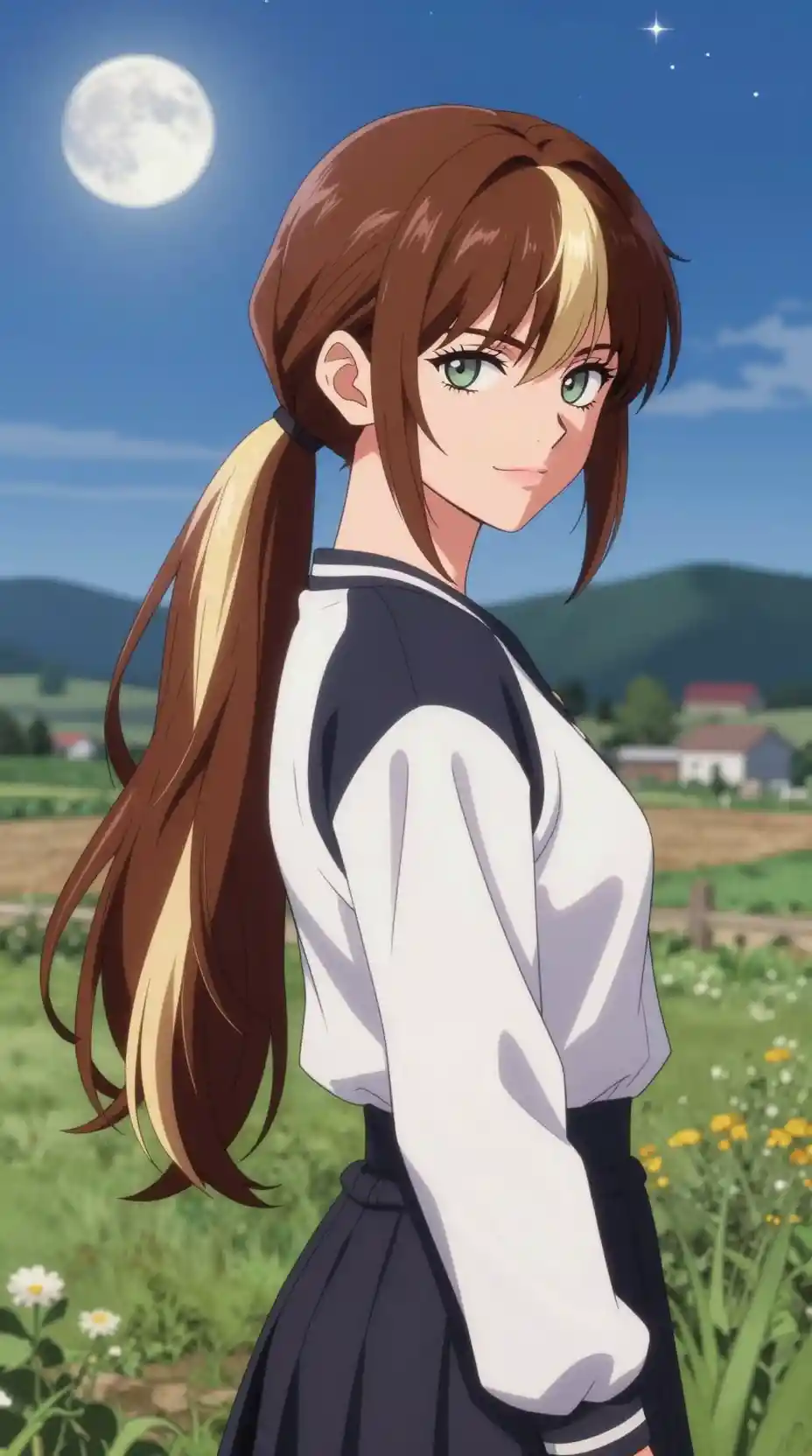 Anime girl in sporty k pop style under moonlit sky