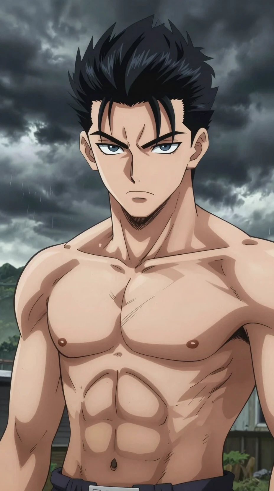 Muscular anime man under a dramatic stormy sky