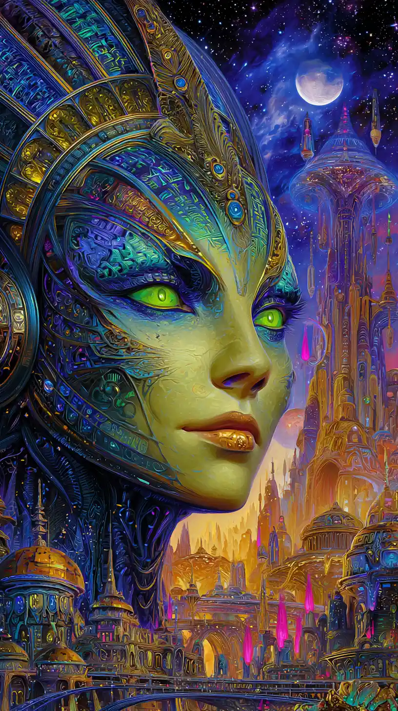 Ethereal alien queen portrait over luminous futuristic city