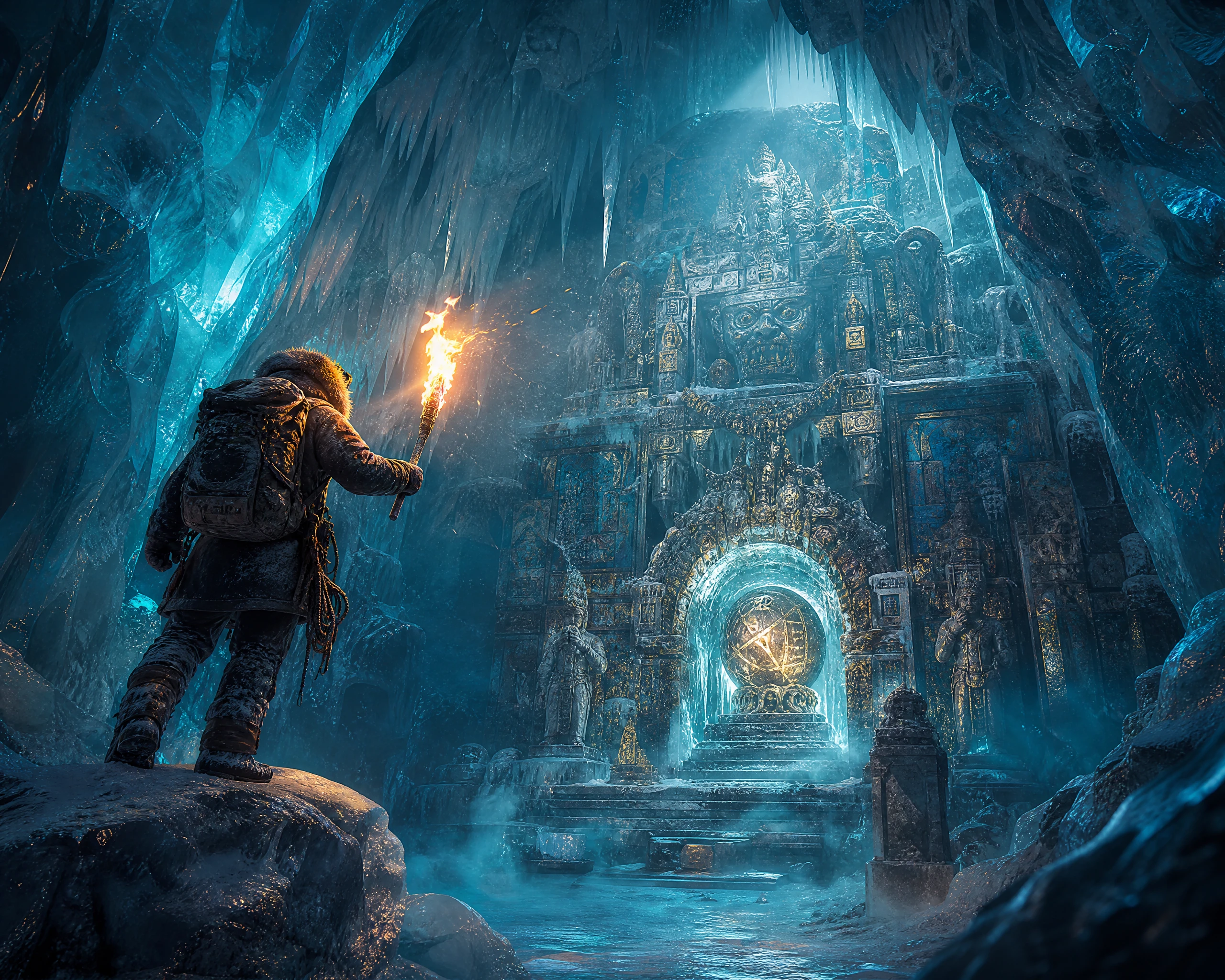 Explorador solitario con antorcha en caverna de hielo luminosa