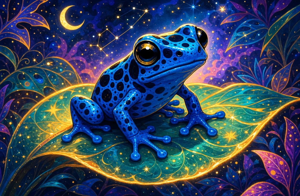 Playful blue poison dart frog on a glowing leaf illustration