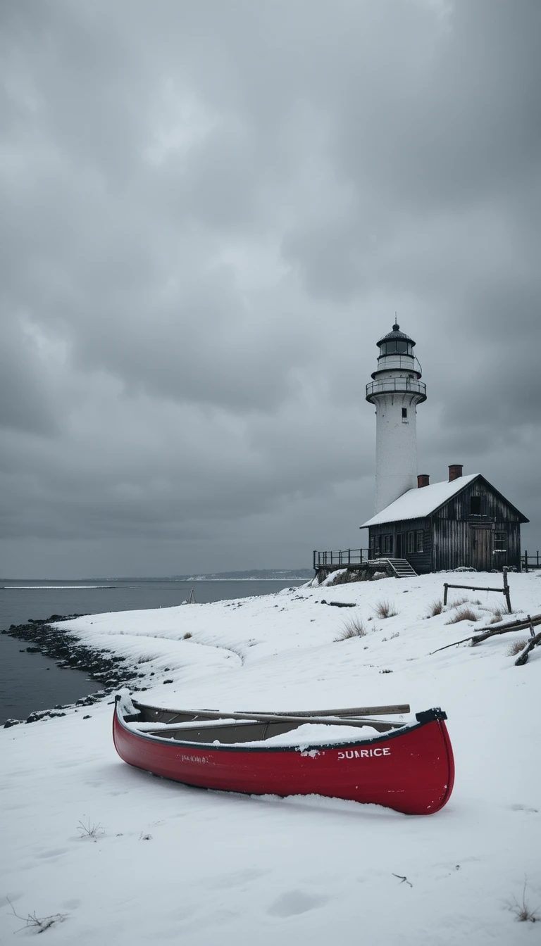 Red canoe by a lighthouse on a bleak winter shoreline