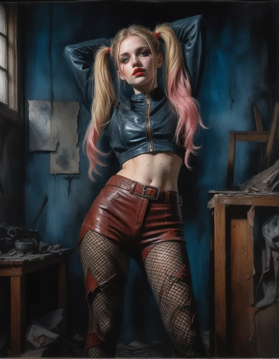 Woman in leather outfit under dramatic moonlit beam