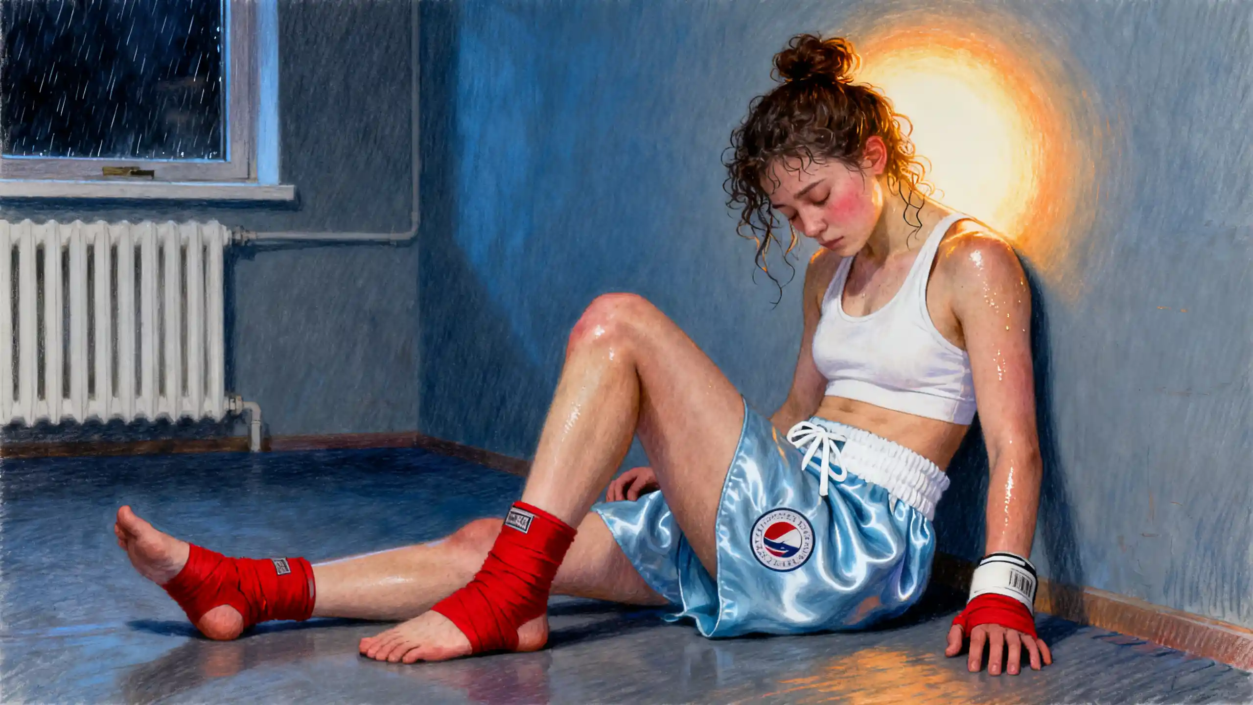 Exhausted Female Boxer Resting On Gym Floor