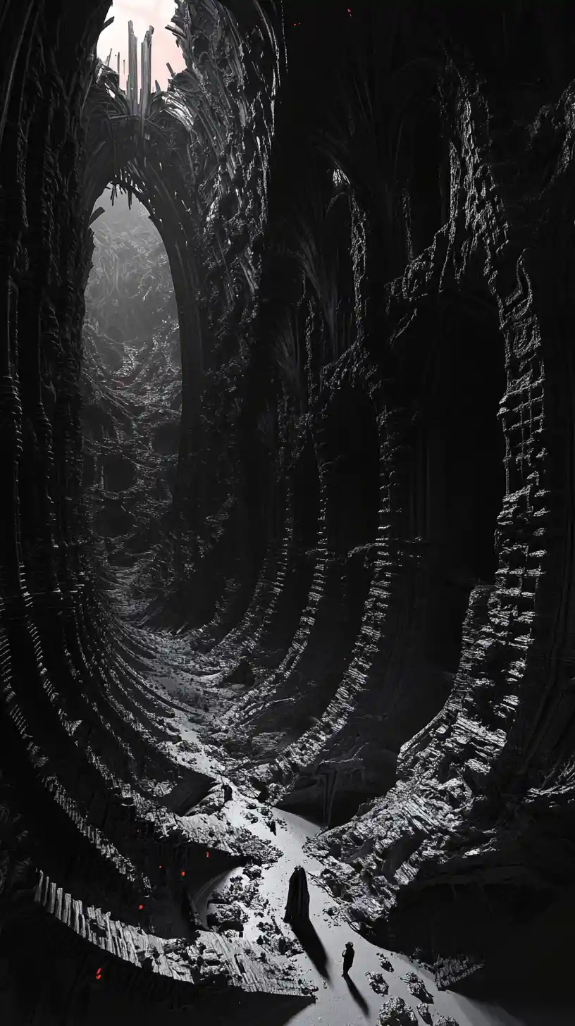 Human silhouette of imps in a warped gothic hall