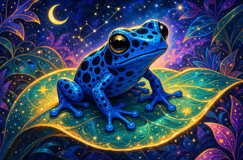 Playful blue poison dart frog on a glowing leaf illustration