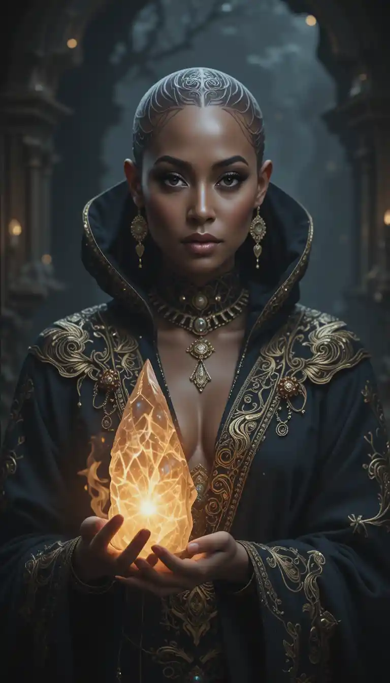 Bald tattooed woman holding glowing crystal artifact
