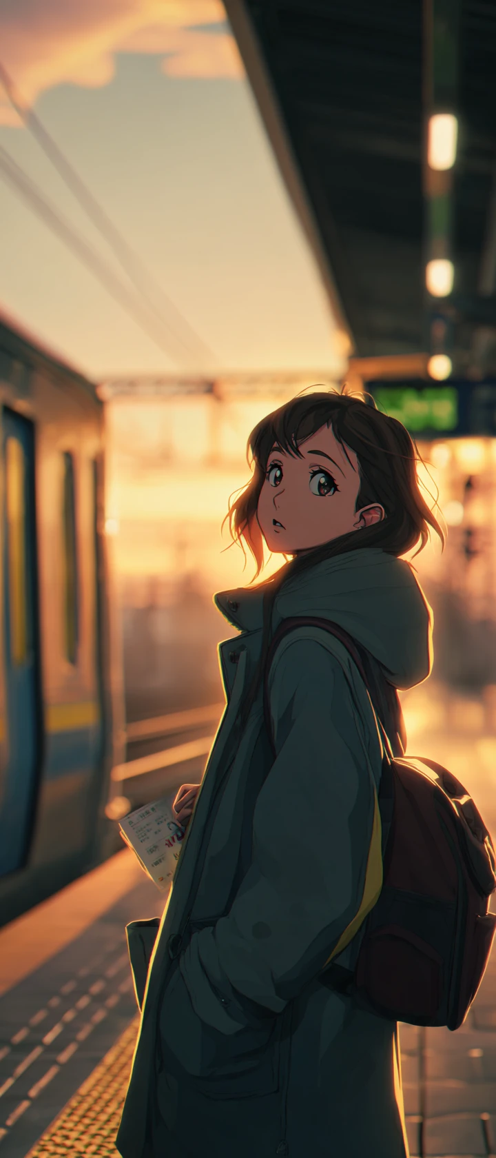 Mujer de anime sola en un andén de tren desierto al atardecer