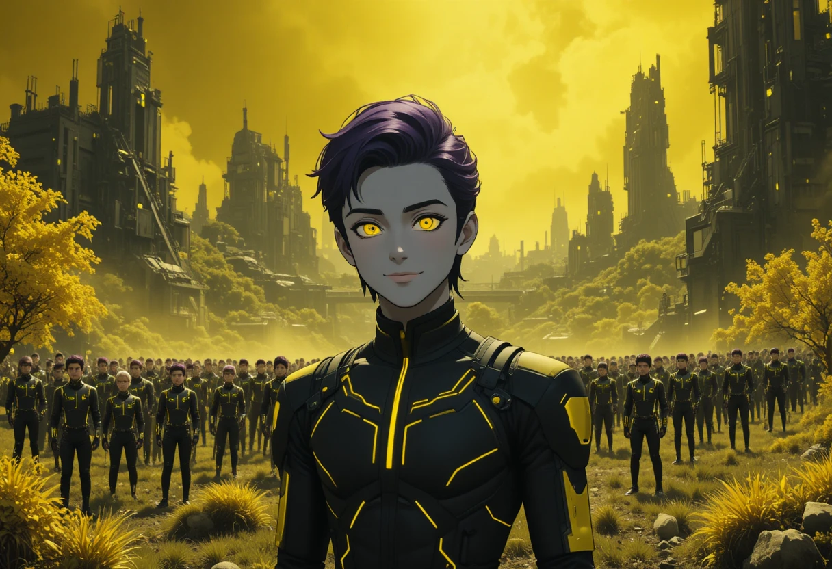 Futuristic campus of teenage boys under neon yellow skies