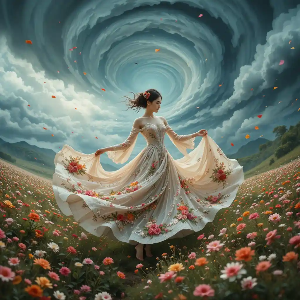Woman dancing in flowing dress amid stormy flower meadow