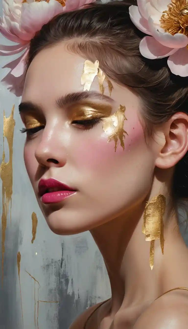 Profile portrait of woman with golden hair and peonies
