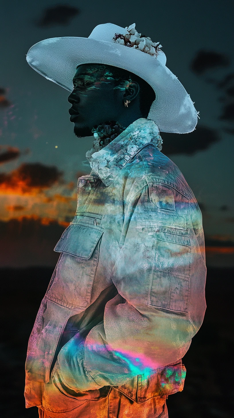 Silhouetted cowboy on a surreal moonlit landscape
