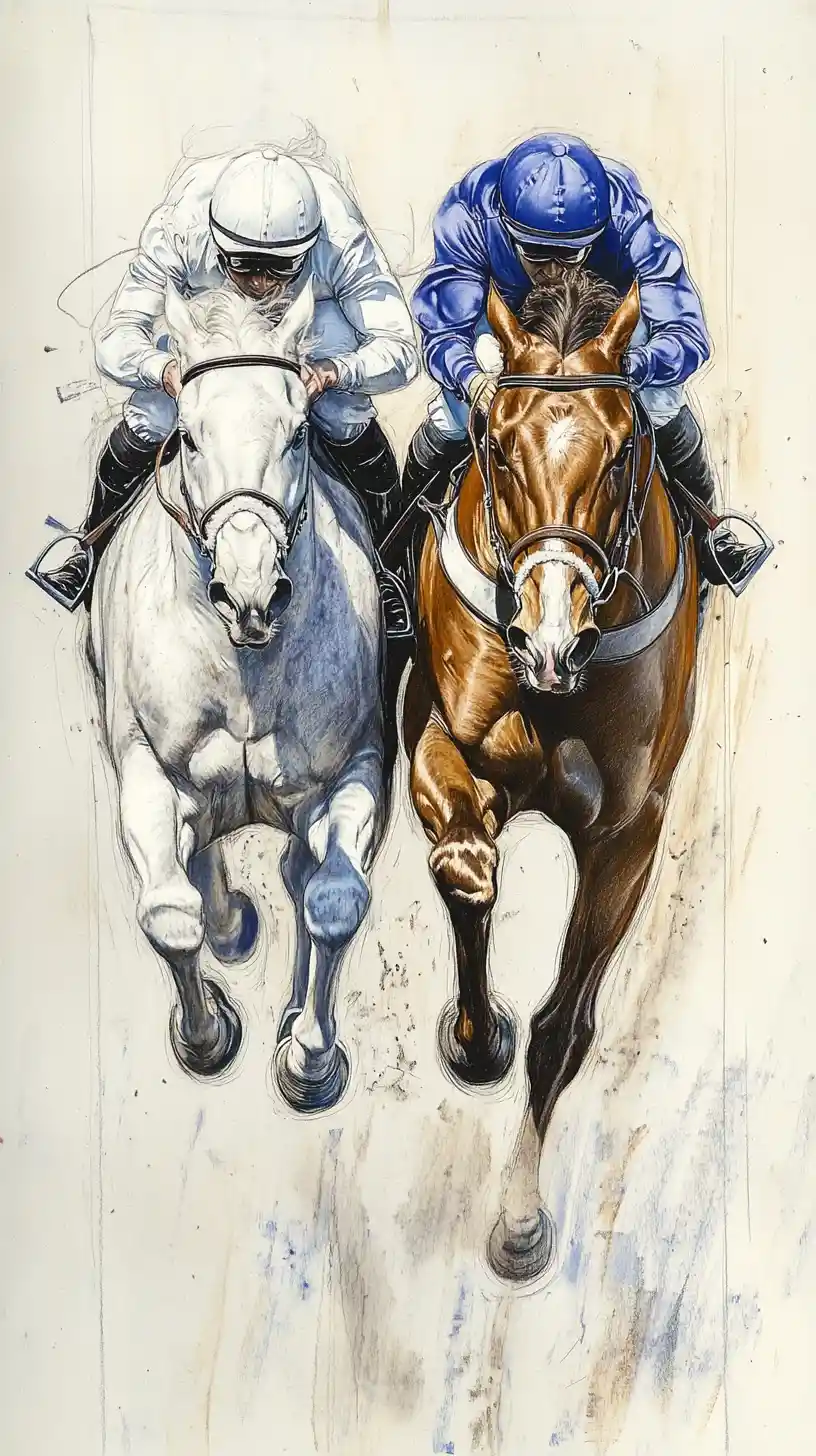 Two racehorses galloping head on in expressive pencil sketch