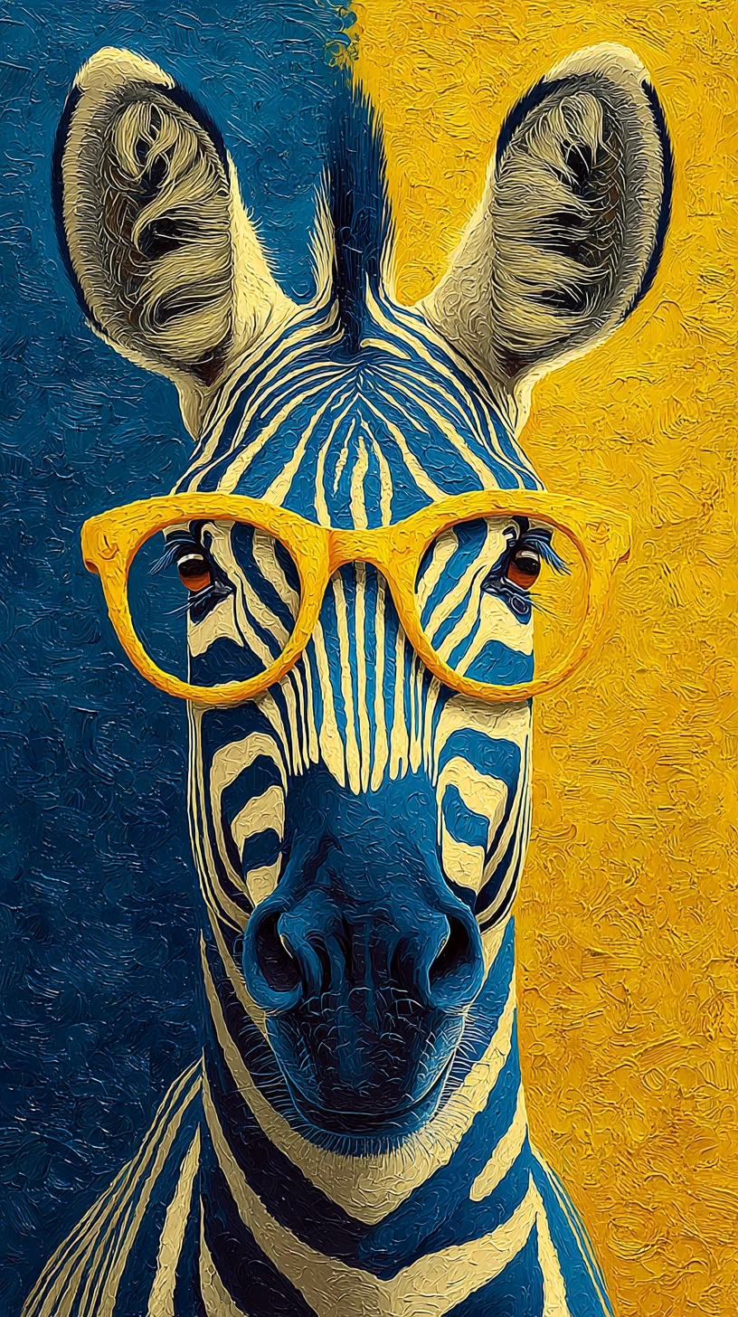 Zebra con occhiali gialli in un luminoso soggiorno
