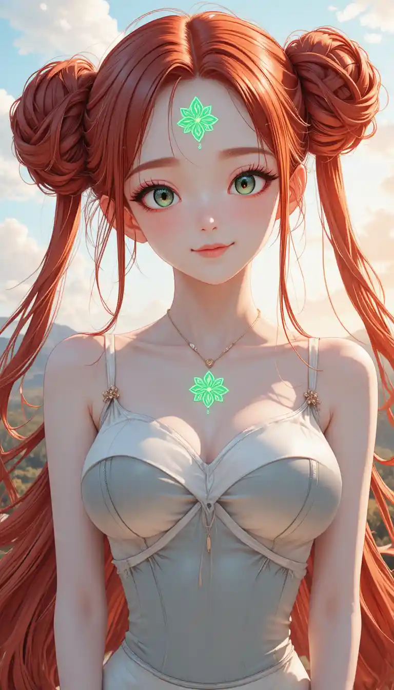 Joyful red haired anime girl standing in soft dawn light