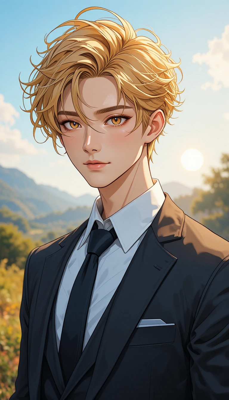 Tall golden haired man standing under a sunrise sky
