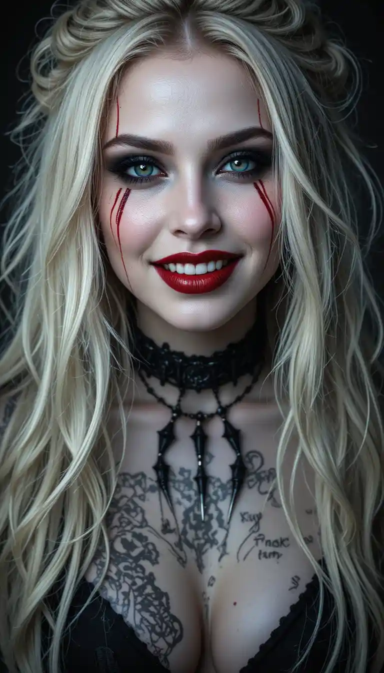 Gothic woman with wild blonde hair and blood red makeup