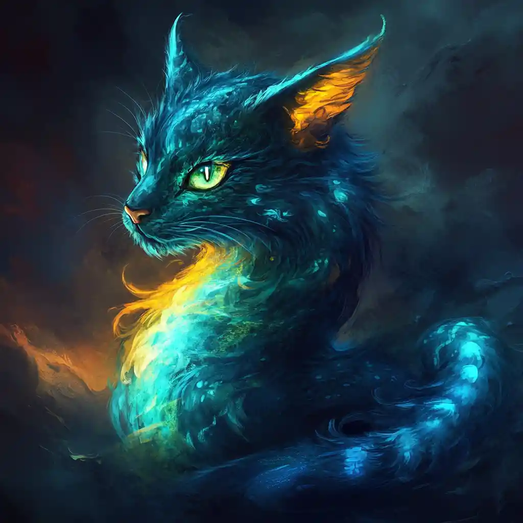 Dragon like cat with glowing turquoise scales in shadow