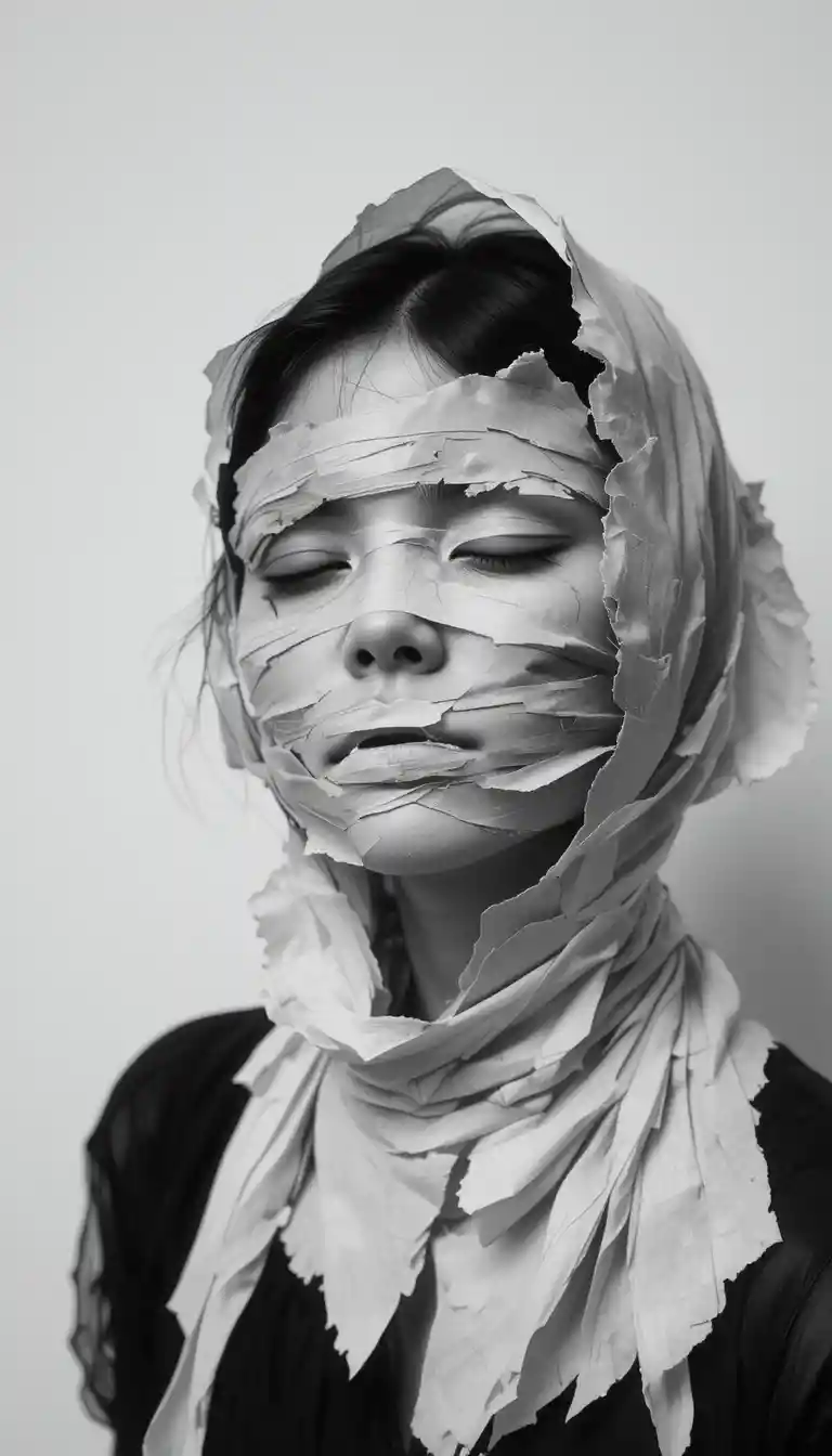 Moody black and white close up of a girl wrapped in paper