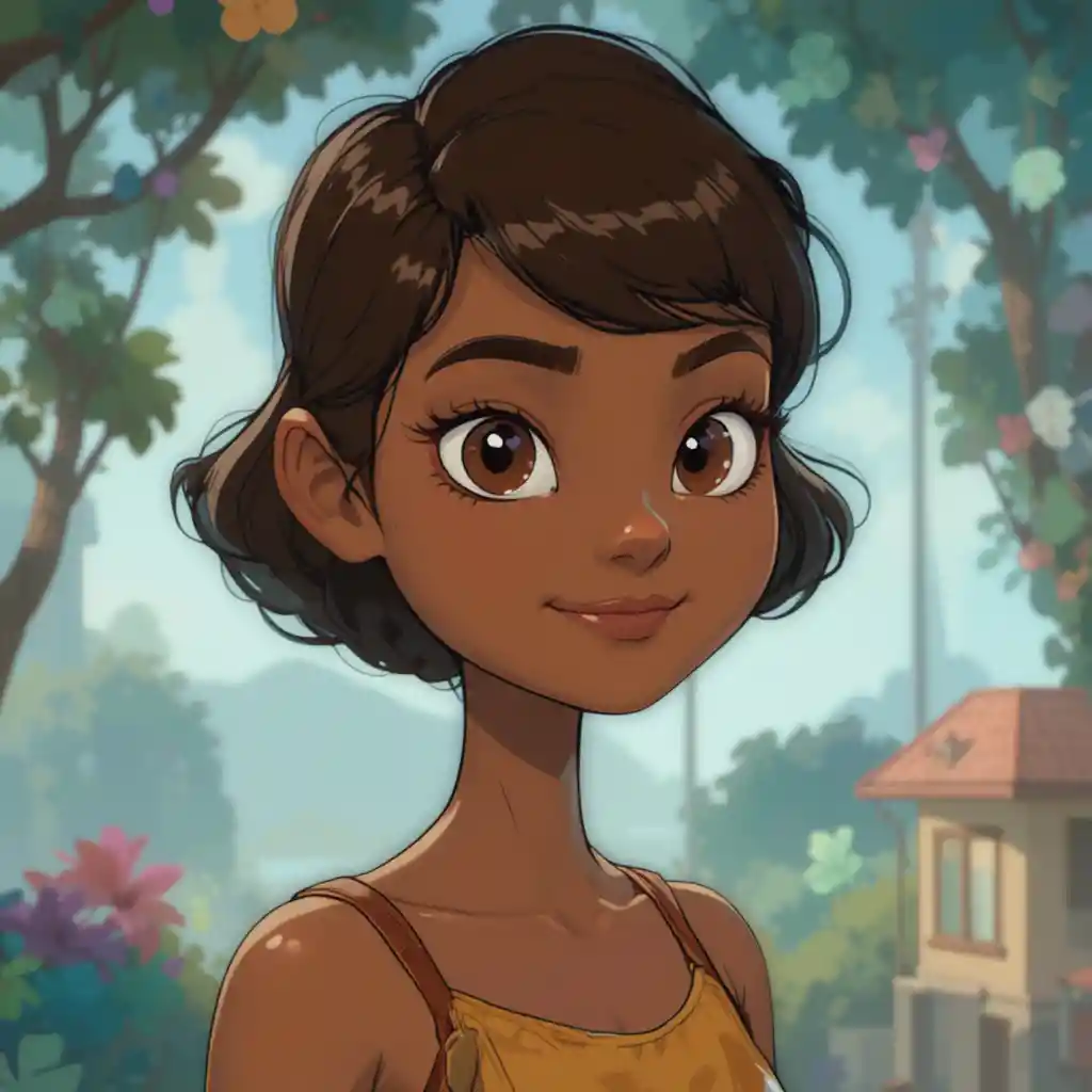 Cartoon girl with brown short hair and dark skin portrait