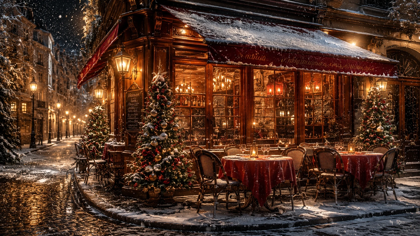 Snowy corner cafe terrace on a glowing cobblestone street