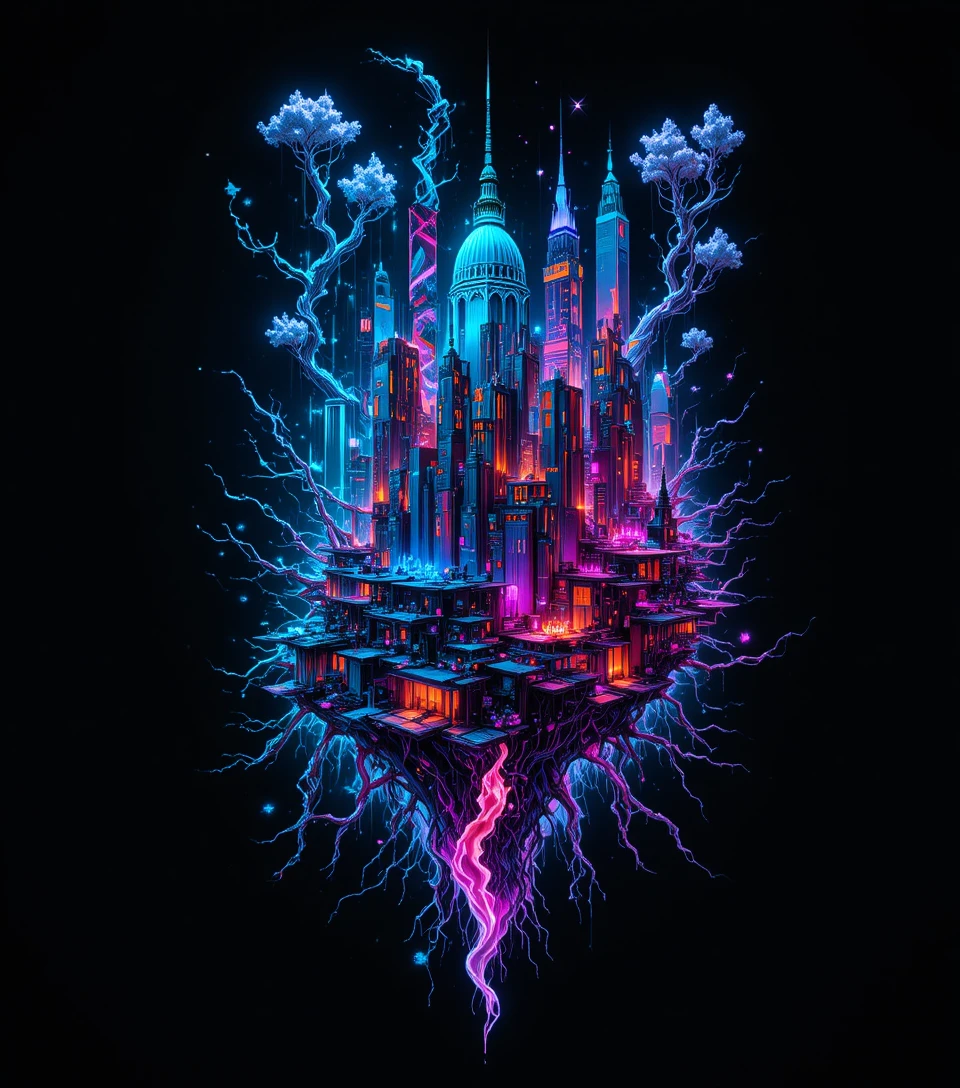 Neon mycelium roots over fragmented urban symbols