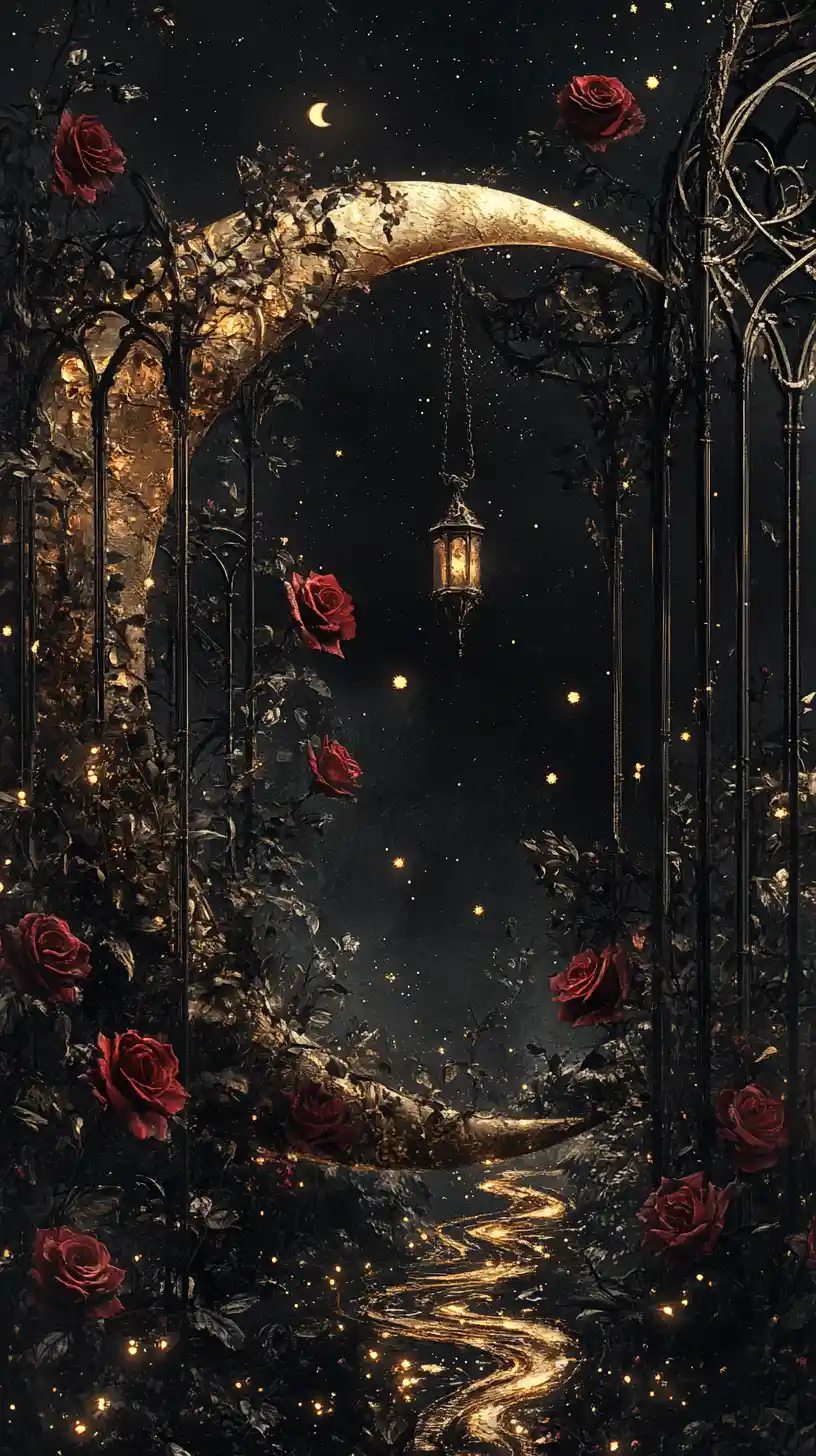 Crescent moon framing a dark gothic garden of roses