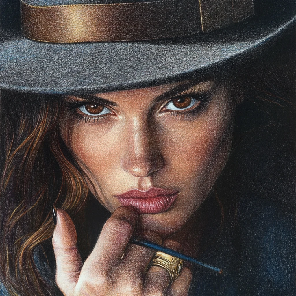 Mysterious woman in fedora with cigarette holder portrait